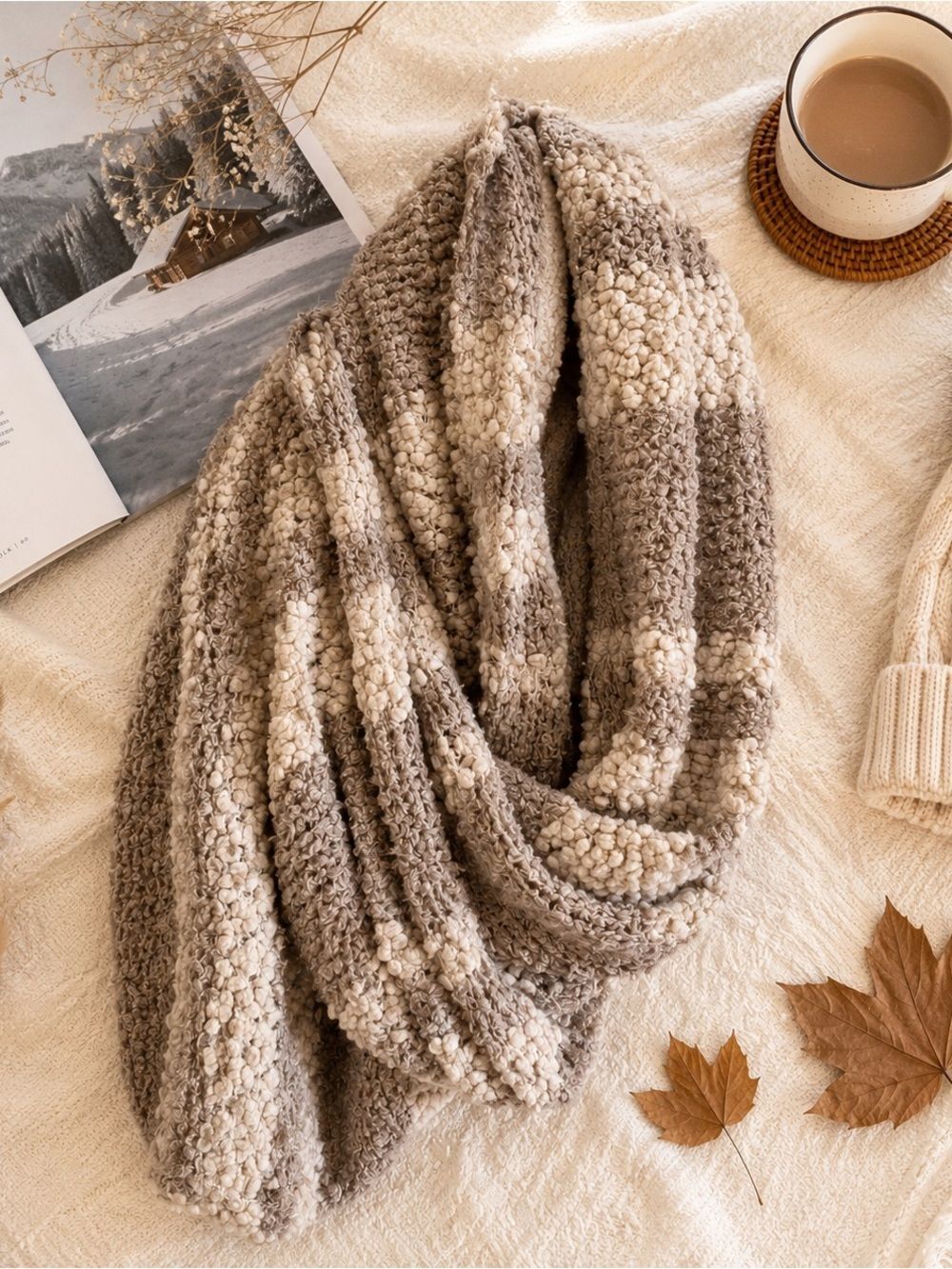 Kimchi Blue Popcorn Knit Infinity Scarf Taupe & Cream Striped Cozy Soft 35”